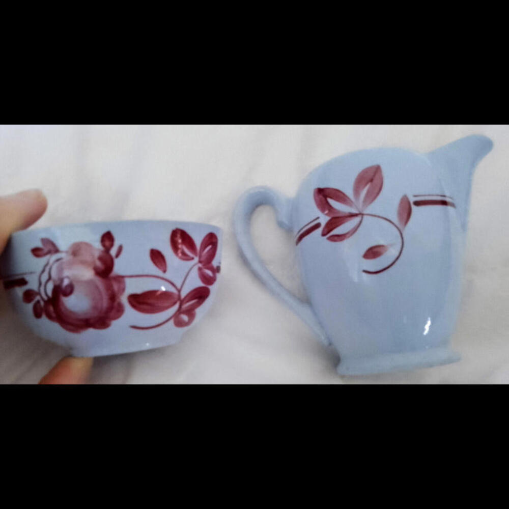 Portieux Vallerysthal Blue/Red Creamer and Sugar Bowl France‎